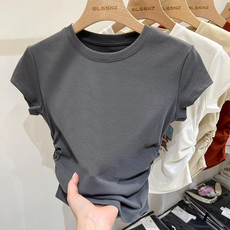 Casual Versatile Tee Cotton Slim Fit Top 2026 Summer New Design Ruched Waist Slimming Unique Short Sleeve Women'S T-Shirt