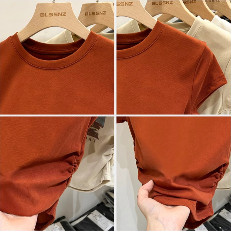 Casual Versatile Tee Cotton Slim Fit Top 2026 Summer New Design Ruched Waist Slimming Unique Short Sleeve Women'S T-Shirt