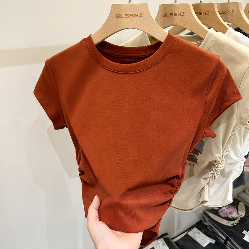 Casual Versatile Tee Cotton Slim Fit Top 2026 Summer New Design Ruched Waist Slimming Unique Short Sleeve Women'S T-Shirt