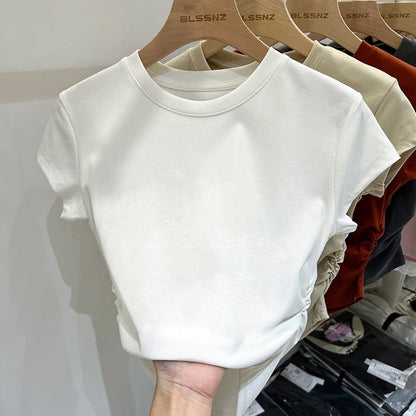 Casual Versatile Tee Cotton Slim Fit Top 2026 Summer New Design Ruched Waist Slimming Unique Short Sleeve Women'S T-Shirt
