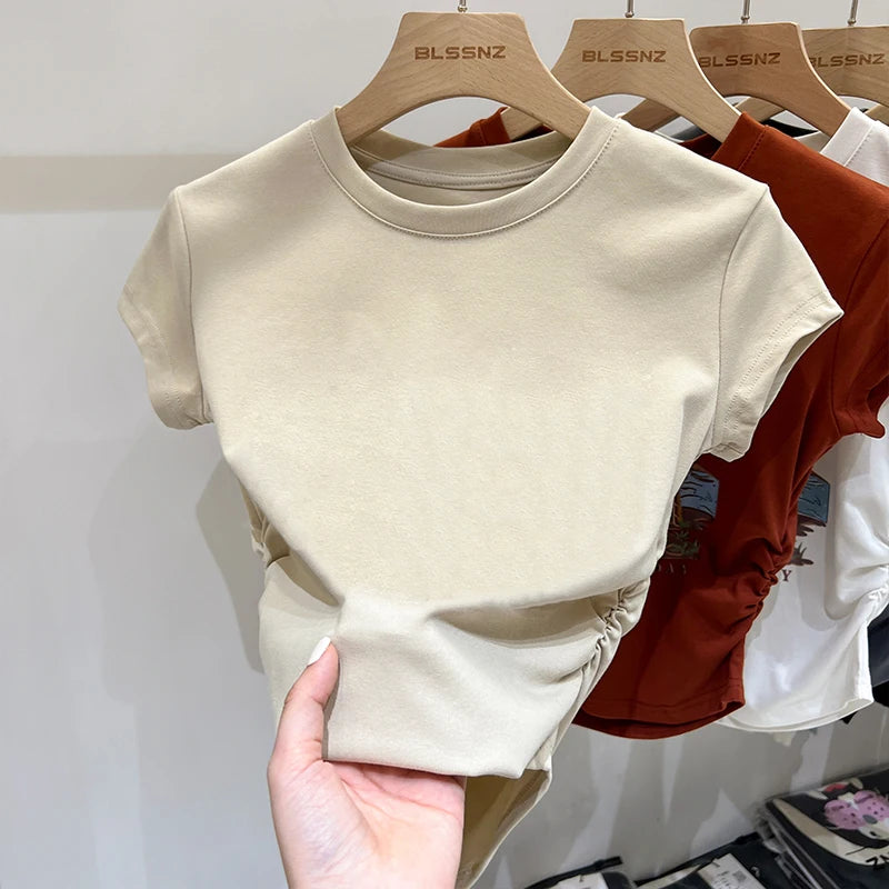 Casual Versatile Tee Cotton Slim Fit Top 2026 Summer New Design Ruched Waist Slimming Unique Short Sleeve Women'S T-Shirt