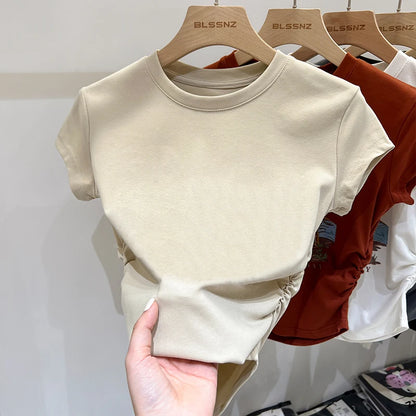 Casual Versatile Tee Cotton Slim Fit Top 2026 Summer New Design Ruched Waist Slimming Unique Short Sleeve Women'S T-Shirt