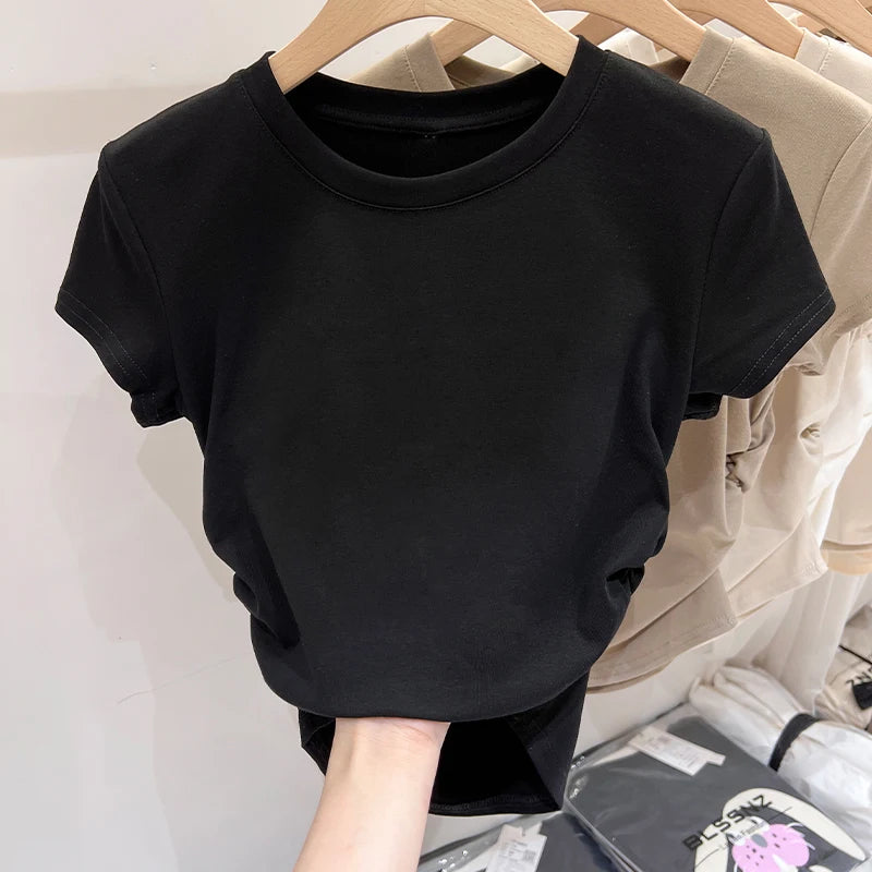 Casual Versatile Tee Cotton Slim Fit Top 2026 Summer New Design Ruched Waist Slimming Unique Short Sleeve Women'S T-Shirt
