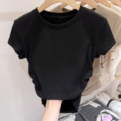 Casual Versatile Tee Cotton Slim Fit Top 2026 Summer New Design Ruched Waist Slimming Unique Short Sleeve Women'S T-Shirt
