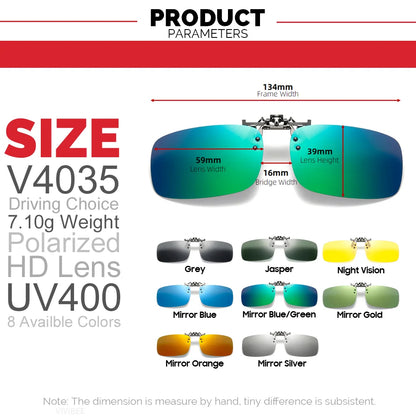 Mirror Blue Flip up Clip on Sunglasses Fishing Men Square Polarized Lens Metal Night Vision Driving UV400 Women Glasses