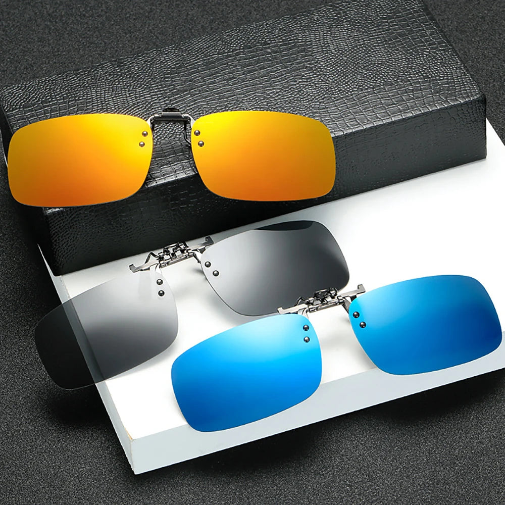 Mirror Blue Flip up Clip on Sunglasses Fishing Men Square Polarized Lens Metal Night Vision Driving UV400 Women Glasses